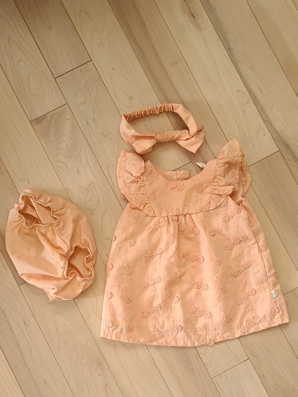 Peach Ruffle Floral Baby Dress with Matching Headband and Bloomers